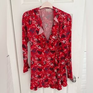 Red floral ruffled tie wrap dress Urban Outfitters.
